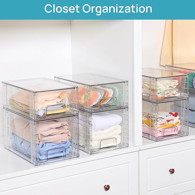 Vtopmart 4 Pack Large Stackable Storage Drawers,Easily Assemble Acrylic Bathroom Closet Undersink Organizers and Storage,Plastic Bins for Kitchen Cabinets,Pantry,Makeup,Medicine Organization