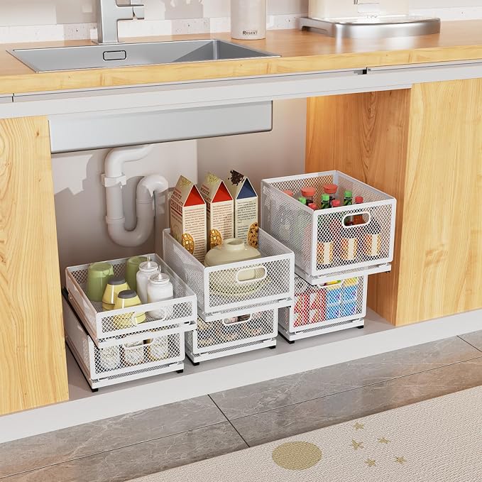 Pull out Cabinet Rack Organizers, No-Drill Slide Organizer Under Sink Organizer, Strong & Sturdy Expandable Cabinet Drawers, For Kitchen, Bathroom, Pantry(B,15.7*9.4*6.1inch/40*24*15.5cm)