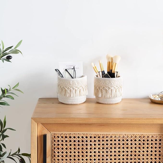 Mkono Macrame Makeup Brush Holder Organizer Comb Brushes Mini Storage Basket Set of 2 Boho Decor Baskets for Pen Pencil Box Container, X-Small, Ivory