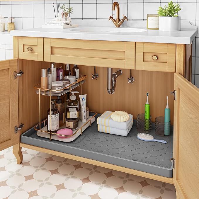 Jin&Bao Waterproof Under Sink Mat 28" x 19", Thick Silicone Mat Cabinet Protector for Kitchen and Bathroom, Shelf Liner, Home Organizer and Storage, Multipurpose Tray for Gadgets and Essentials