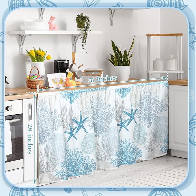 VitalCozy Cabinet Curtains 28" W x 51" L Sink Skirt for Bathroom Kitchen Summer Blue Ocean Coral Dishwasher Curtain for Home Farmhouse Rustic Drape Under Desk Privacy Drape for Laundry Room