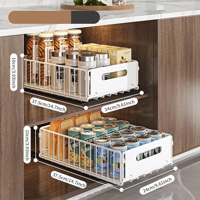 Pull Out Cabinet Organizers Large Capacity with Nano Adhesive Tallened Guardrail Anti Fall Design for Bathroom & Kitchen Cabinets Pantries (White, S-2Pcs)