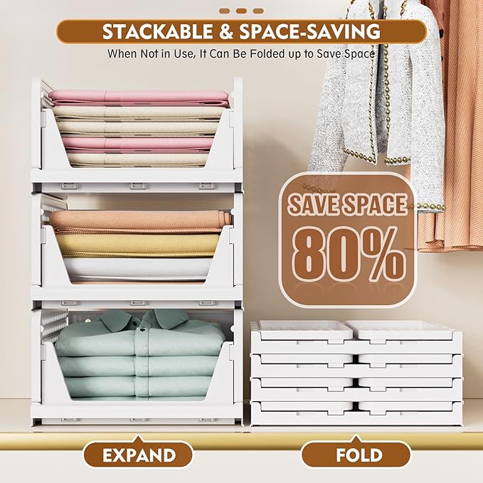 SNSLXH 5 Pack Stackable Closet Organizer Box, Multifunctional & Foldable Closet Storage Basket for Bathroom Kitchen Laundry Room Wardrobe Storage, Space-Saving Clothes Storage Drawer Organizer, Pink