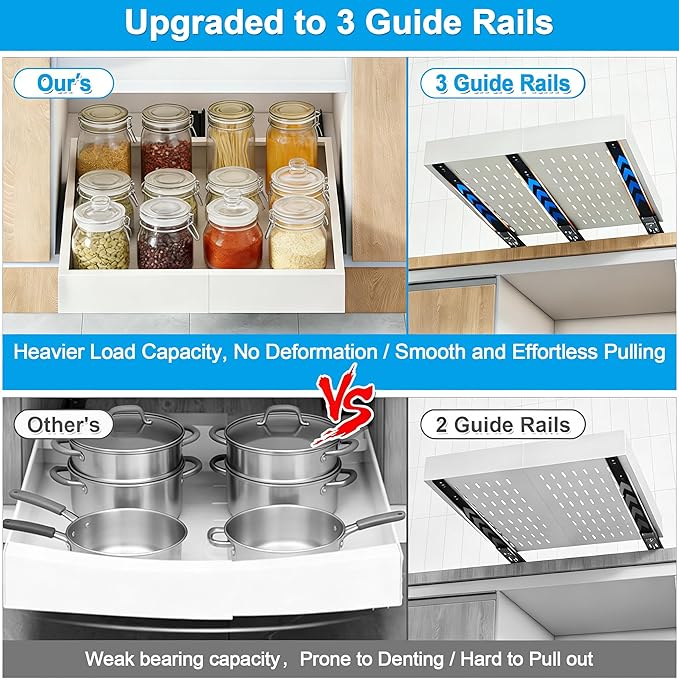 2 Pack Pull Out Cabinet Organizer Expandable Width (12.2"-20.4") x 21'' Deep, No Drill Adhesive Drawer, Heavy Duty Roll Out Shelves Drawers Adjustable White