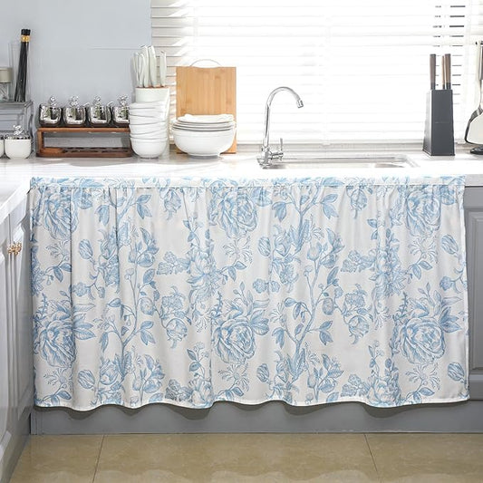 VitalCozy Cabinet Curtain 28" W x 51" L Sink Skirt for Bathroom Kitchen Blue Flower Floral Spring Short Curtain for Home Classroom Farmhouse Rustic Drape Under Desk Privacy Drape for Laundry Room