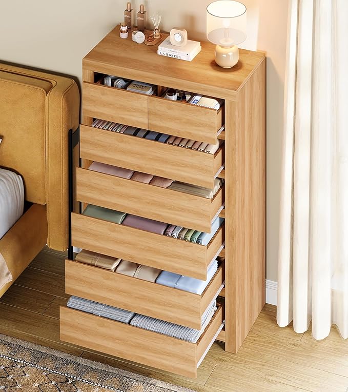 TEENFON 51.6" Tall Dresser for Bedroom with 7 Drawers, Modern Dressers & Chests of Drawers with Metal Handles, Wooden Dresser TV Stand, Bedroom Dressers, for Bedroom, Hallway, Natural