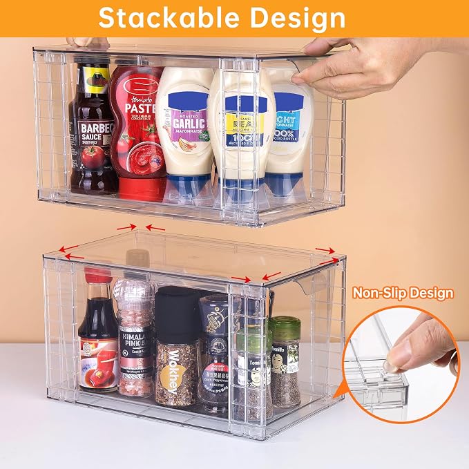 2Pack Large Stackable Kitchen Storage Drawers, Clear Foods Organizer Bins with Handles, Easily Assemble for Bathroom, Kitchen, Pantry, Cabinet, Closet(XL-UP Handle)