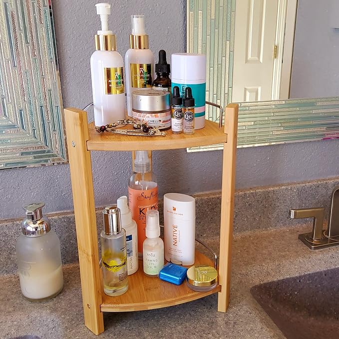GOBAM Bamboo Shower Corner Caddy, Large - 2 Tier Standing Shower Stand for Shampoo, Conditioner, Lotion, Soap - Caddy Organizer for Kitchen, Bedroom, or Office