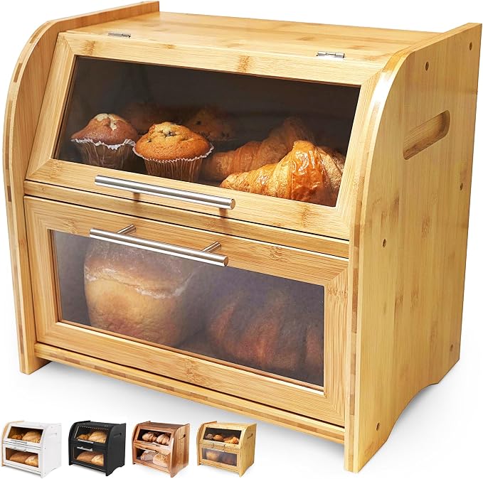 Arise Stylish Bamboo Bread Box for Kitchen Countertop, Extra Large 2-Shelf Wooden Bread Storage Container with Clear Windows and Air Vents Keep Bread, Bagels and Rolls Fresh, Self Assembly