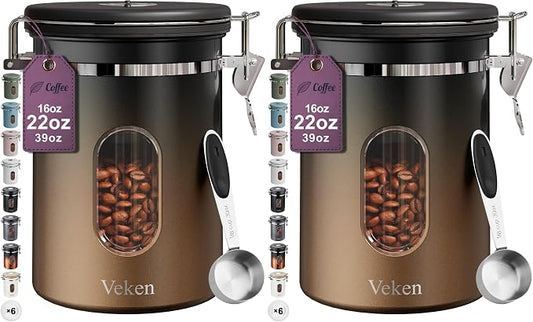 Veken Coffee Canister with Window,Airtight Stainless Steel Kitchen Food Storage Container, Date Tracker & Scoop for Grounds Coffee, Beans, Tea,Flour,Cereal,Sugar,22OZ,Copper (Pack of 2)