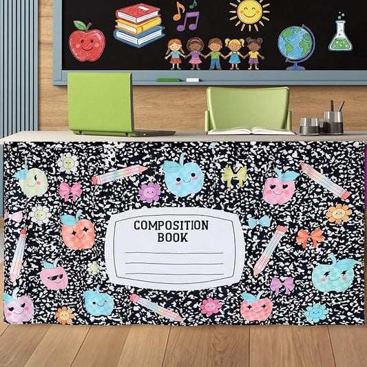 VitalCozy Composition Notebook Table Skirt for Classroom Teacher 28" W x 51" L Desk Skirts Teacher Appreciation Week Back to School Gifts for Kindergarten Classroom Office Bookcase Decoration