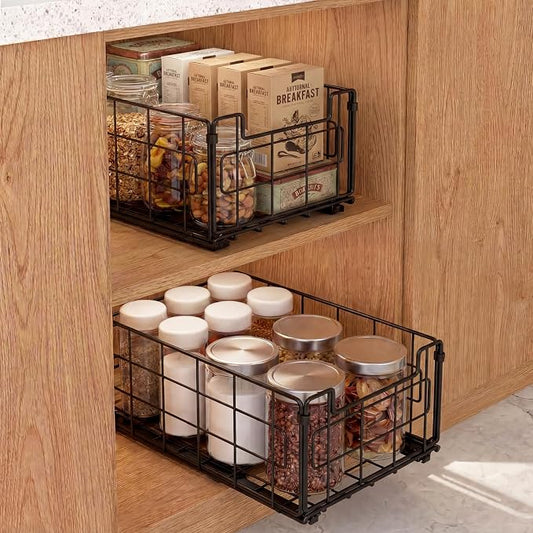 Pull Out Cabinet Sliding Basket Organizer, Heavy Duty Slide Out Drawer for Kitchen Cabinet, No Drill Adhesive Sliding Shelves for Kitchen Bathroom Home, 13.8" D x 8.5" W x 6.3" H,Black-2 Pack