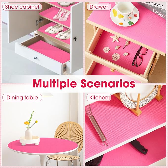 Drawer and Shelf Liner, Non-Slip Kitchen Cabinet Liners Non-Adhesive Thick Strong Grip Waterproof Washable Mats Protect Dresser Shelves Cupboard Bathroom Cabinets, Fuchsia, 18 in X 10 FT