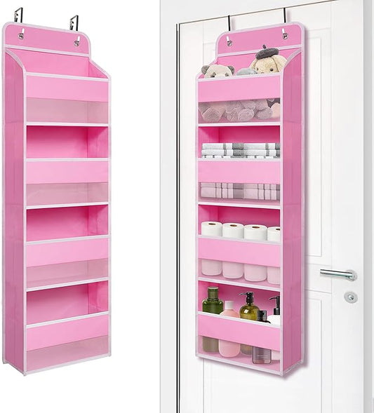 Giraffe Creation Compact Pink Over Door Organizer with 4 Large Clear Pockets, Compact Hanging Door Storage for Nursery, Bedroom, Bathroom, Closet, Baby Essentials