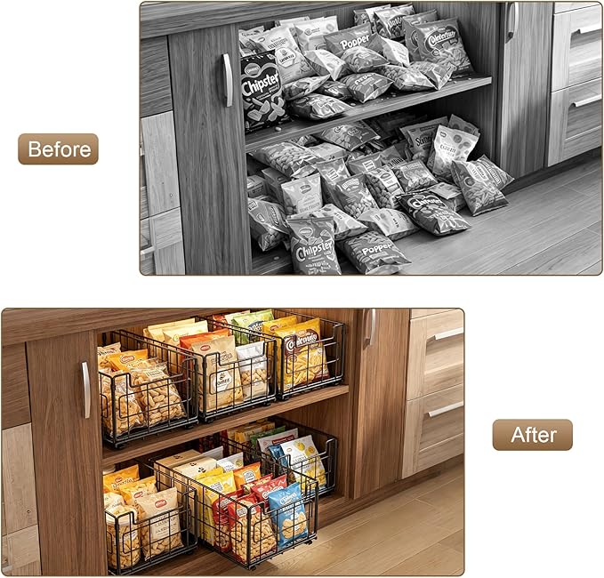 Pull Out Cabinet Sliding Basket Organizer, Heavy Duty Slide Out Drawer for Kitchen Cabinet, No Drill Adhesive Sliding Shelves for Kitchen Bathroom Home, 13.8" D x 8.5" W x 6.3" H,Black-2 Pack