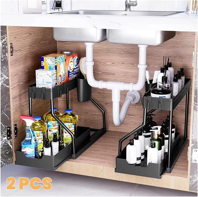 2-Tier Pull-Out Storage Organizer - Space-Saving Kitchen and Bathroom Essentials Organizer with Large Capacity Drawer(Black-2 ties-2 Pack)