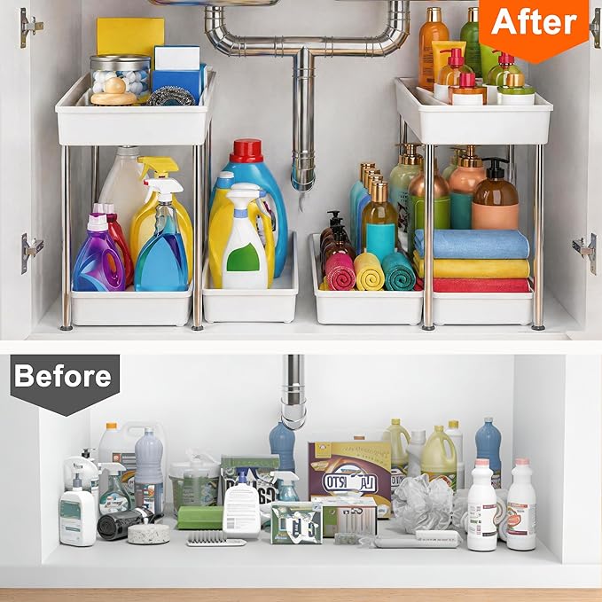 2-Tier Under Sink Organizer with Smooth Rolling Wheels, Pull-Out Bottom Storage Drawer with Easy-Lift Handle, Metal & Plastic Sliding Cabinet Organizer for Kitchen & Bathroom, White, 2 Pack