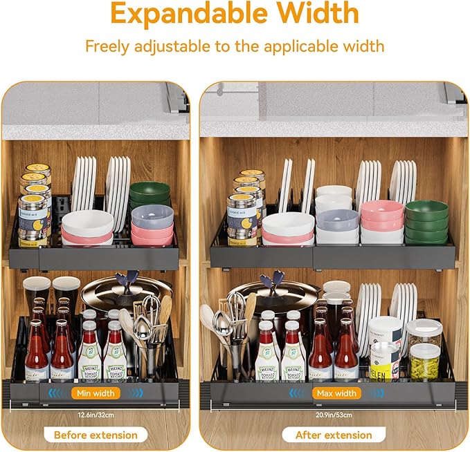 2 Pack Expandable Pull Out Cabinet Organizer Adhesive, 21" Deep Slide Out Drawers for Kitchen Cabinets,With 8pcs Divider Racks For Kitchen Pantry Organization Adjustable Width 12.6"-20.9"