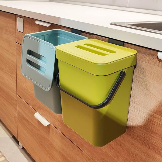 stonespace Small Cabinet Door Trash Can with Lid, 1.3Gal, Green | Compost Bin Indoor Kitchen Sealed, Under Sink Garbage Can, Plastic hanging trash can