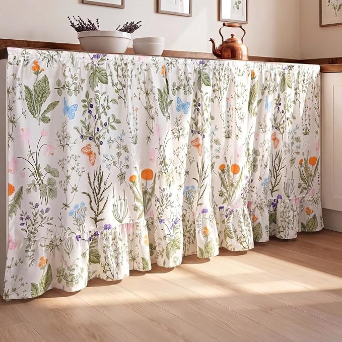 VitalCozy Cabinet Curtain 28" W x 51" L Sink Skirt for Bathroom Kitchen Wildflower Botanical Ruffles Spring Short Curtain for Home Classroom Farmhouse Drape Under Desk Privacy Drape for Laundry Room