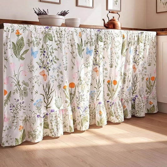 VitalCozy Cabinet Curtain 28" W x 51" L Sink Skirt for Bathroom Kitchen Wildflower Botanical Ruffles Spring Short Curtain for Home Classroom Farmhouse Drape Under Desk Privacy Drape for Laundry Room