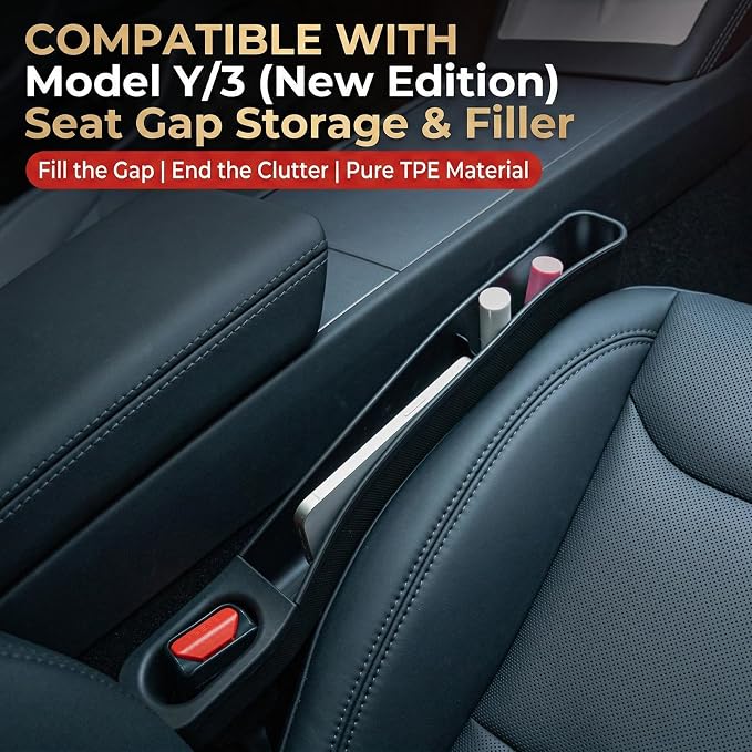 Seat Gap Filler for Tesla Model Y/3 2021 2026, 2 Pack | Standard Seats Only, Not for Performance Seats, Soft TPE, No Rattle, Tool-Free Install