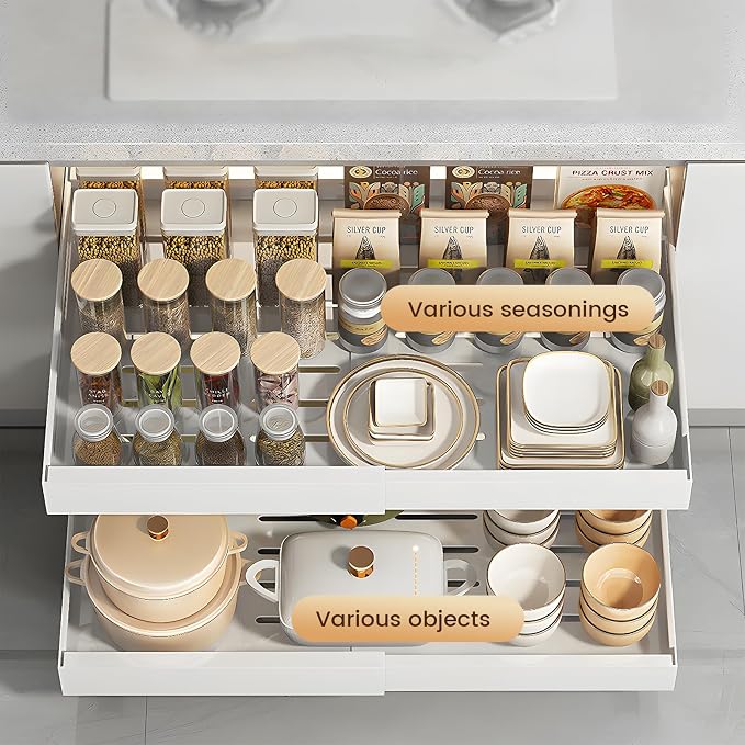 1Pack Expandable Pull Out Drawers for Cabinets 21” Deep, Adjustable Width 12.6" - 20.5" Pull Out Cabinet Organizer, Slide Out Drawers for Kitchen Cabinets, Pull Out Shelves Adhesive with Nano Tape