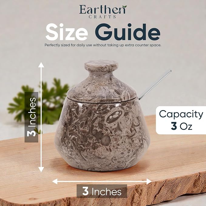 Marble Salt Cellar with Lid and Spoon 3" Inches Oceanic Salt Box Spice Jar Handmade Stone Salt Holder Sugar Storage Container for Dinning table Countertop, Ideal Gift For Kitchen Decor