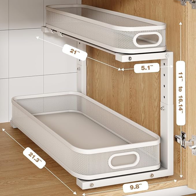 2 Pack 21.3IN-Depth Under Sink Organizer with Smooth Cylindrical Rail,2-Tier Pull Out Multi-Purpose Cabinet Storage for Bathroom&Kitchen,Height Adjustable,Rust-Resistant Coating-Gun Gray