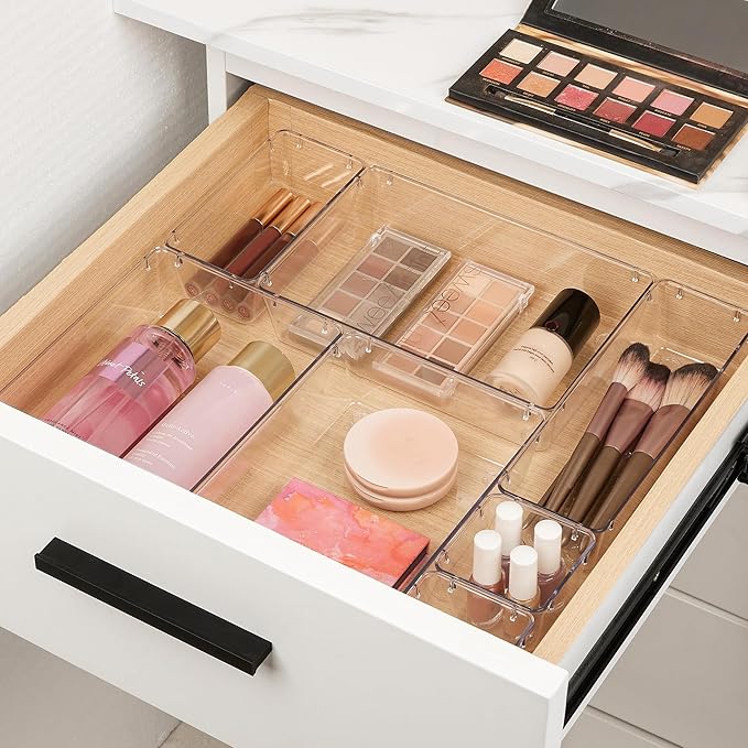 Vtopmart 10 Pcs Makeup Drawer Organizer Bins Set, 4 Size Plastic Makeup and Vanity Organizer Trays, Clear Acrylic Vanity Storage Containers for Cosmetics, Toiletries, Jewelry, Gadgets, Office Supply