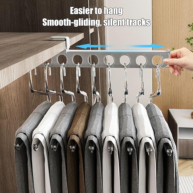 Closet Valet Rod Slide Out, 9-Holes Plastic Pull Out Pants Rack for Closet, Silent Slide Valet Rod, No-Drill Space-Saving Organizer, Gray