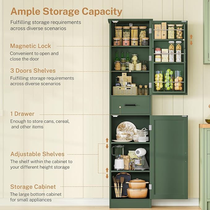 TEENFON Kitchen Pantry Cabinet with 3 Door Shelves & 1 Drawer, Narrow Bathroom Cabinet with Adjustable Shelves, Tall Storage Cabinet for Living Room, Bathroom, Entryway, Green