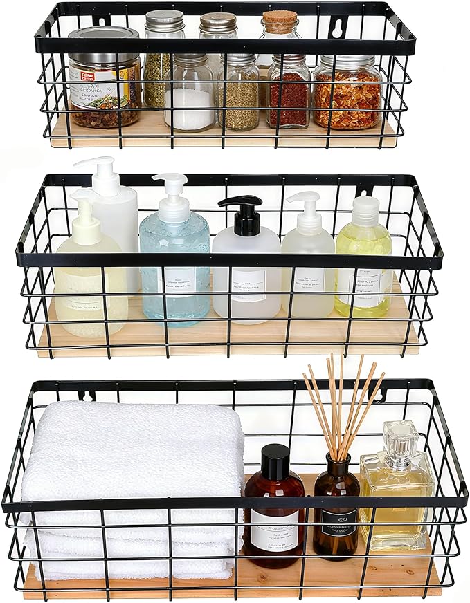 ShabbyDecor Metal Wire Basket Detachable Wood Base Storage Organizer Farmhouse Hanging Basket for Kitchen Cabinets, Bathroom, Pantry, Laundry Room Set of 3,Black Color
