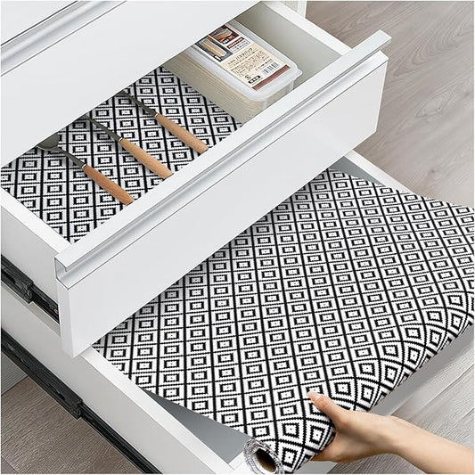 Drawer and Shelf Liner, Non-Slip Kitchen Cabinet Liners Non-Adhesive Thick Strong Grip Waterproof Washable Mats Protect Dresser Shelves Cupboard Bathroom Cabinets, Black & White, 24 in X 10 FT