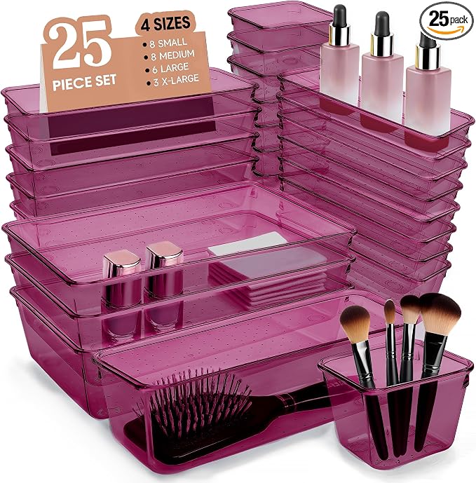 Kitchen Desk Drawer Organizers Storage for Office, Small Acrylic Vanity Trays Makeup for Drawer Bathroom Plastic Make up Organizers 25 Pcs Burgundy