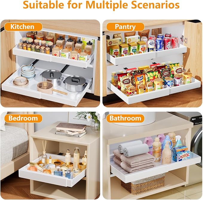 Pull Out Cabinet Organizer 21" Deep 2 Pack Heavy Duty Expandable(12.6"-21.3") Pull Out Drawers for Cabinets with Adhesive Adjustable Slide Out Drawers Roll Out Shelves for Kitchen Pantry Bathroom