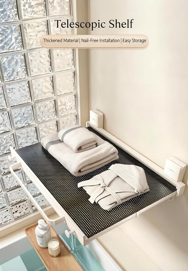 Foldable Pull-Out Cabinet Drawer Organizer, Under Sink Slide-Out Storage Shelf with Hooks, No Drill Installation for Kitchen, Bathroom, Pantry and Home Organization (with Towel Bar)