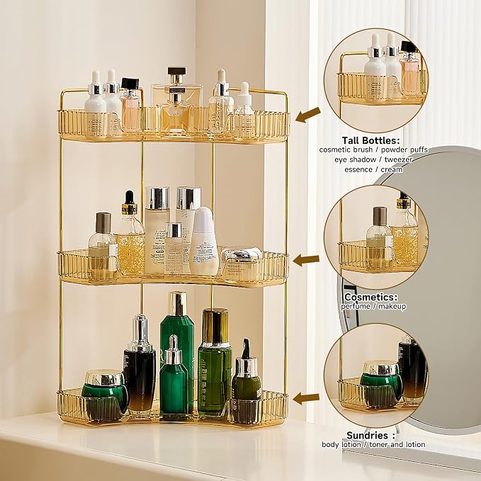 Ceruaxb 3-Tier Corner Bathroom Counter Organizer, Plastic Countertop Makeup Organizer, Large Capacity Vanity Bathroom Perfume Shelf Rack for Kitchen Office Desktop (Green)