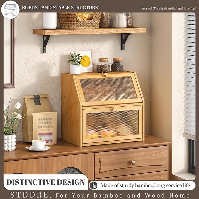 STDDRE Bread Box for Kitchen Countertop Bin Double Layer Bread Box Storage Container Extra Large Capacity with Diamond Pattern Windows (Natural, Extra Large)