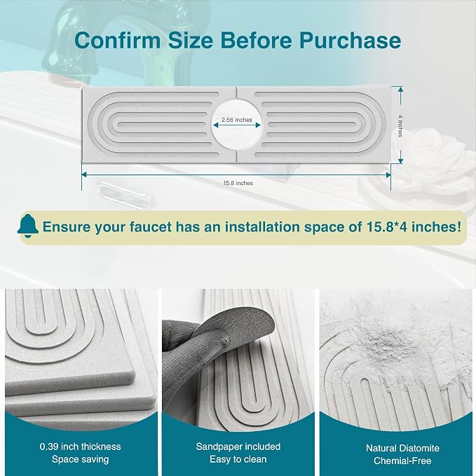 Faucet Mat for Kitchen Sink, Stone Drying Mat for Kitchen Counter, Stone Mat Bathroom, Kitchen Mat, Sink Mat, Water Absorbing Stone Tray for Sink, Bathroom Stone Mat (WHITE, 15.8*4")