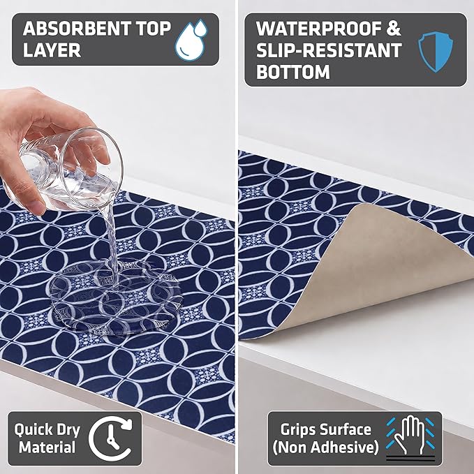 Drymate Premium Luxury Shelf & Drawer Liner, Thick Cushioned Fabric, Non-Adhesive, Absorbent, Waterproof, Slip-Resistant, Liners for Kitchen Cabinets, Cupboards (USA Made)(12”x59”)(24-Pack)(Indigo)