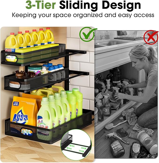 Under Sink Organizer 3 Tier, 2 Pack L-Shaped Pull-Out Cabinet Organizer with Sliding Metal Mesh Drawers, Height Adjustable Under Sink Storage Rack for Kitchen Bathroom Cabinet, Black