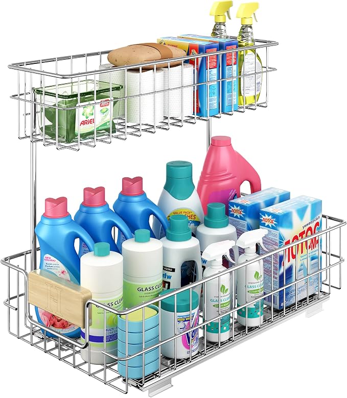 RITSU Pull Out Cabinet Organizer, Under Sink Slide Out Storage Shelf with 2 Tier Sliding Wire Drawer, Sliding Storage for Inside Kitchen Cabinet- 11.5 in. W x 21.5 in. D (Left)
