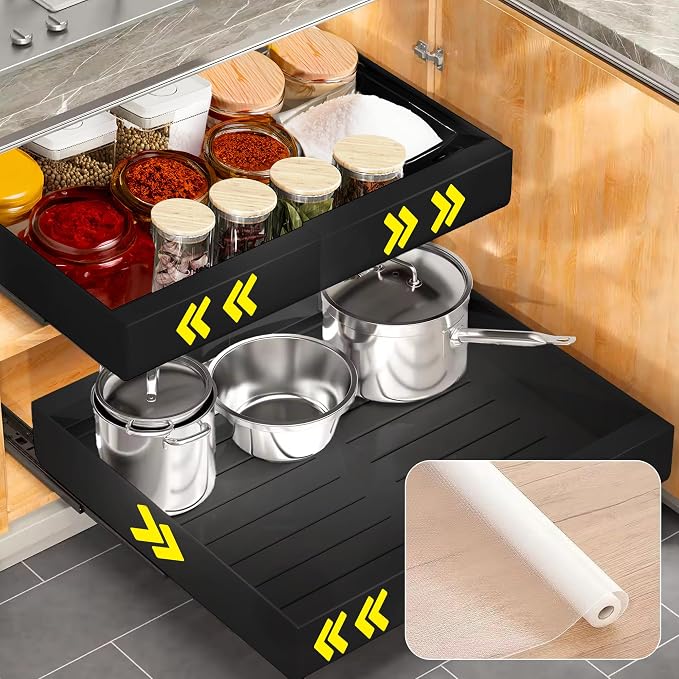 Expandable Pull Out Cabinet Organizer, No Punch Under Counter Storage Organizer, Pull Out Drawers for Cabinets Ideal for Kitchen, Pantry and Bathroom, Adjustable from 12.6" to 20.5", Black