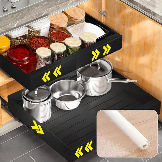Expandable Pull Out Cabinet Organizer, No Punch Under Counter Storage Organizer, Pull Out Drawers for Cabinets Ideal for Kitchen, Pantry and Bathroom, Adjustable from 12.6" to 20.5", Black