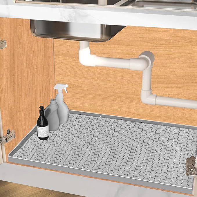 Under Sink Mat 22 x 22, Silicone Under Sink Liner for Kitchen Waterproof Bathroom Cabinet Mat, Light Grey
