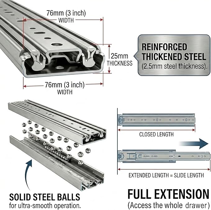 Heavy Duty 22" Drawer Slides, Full Extension Ball Bearing, 500LB Capacity | 76MM Width, 3-Section Design, Industrial Grade Steel, Smooth & Quiet Operation, for Workshop, Garage, Kitchen Cabinets