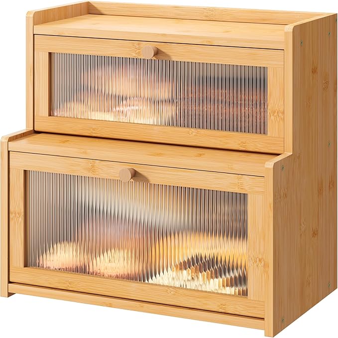 Bread Box for Kitchen Countertop Double Layer Large Corner Bread Box Capacity Bread Storage Bin Farmhouse Breadbox Container Organizer Cabinet Cupboard Nature