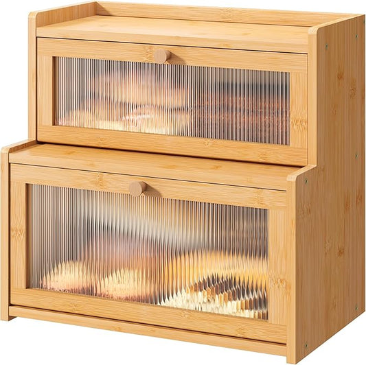 Bread Box for Kitchen Countertop Double Layer Large Corner Bread Box Capacity Bread Storage Bin Farmhouse Breadbox Container Organizer Cabinet Cupboard Nature