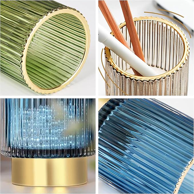 DASITON Makeup Brush holder Organizer,Crystal Cosmetic Makeup Brush Glass Brushes Storage Holder, Vintage Make Up Brush Cup Pen Pencil Holder striped vase(Coffee S＋L)